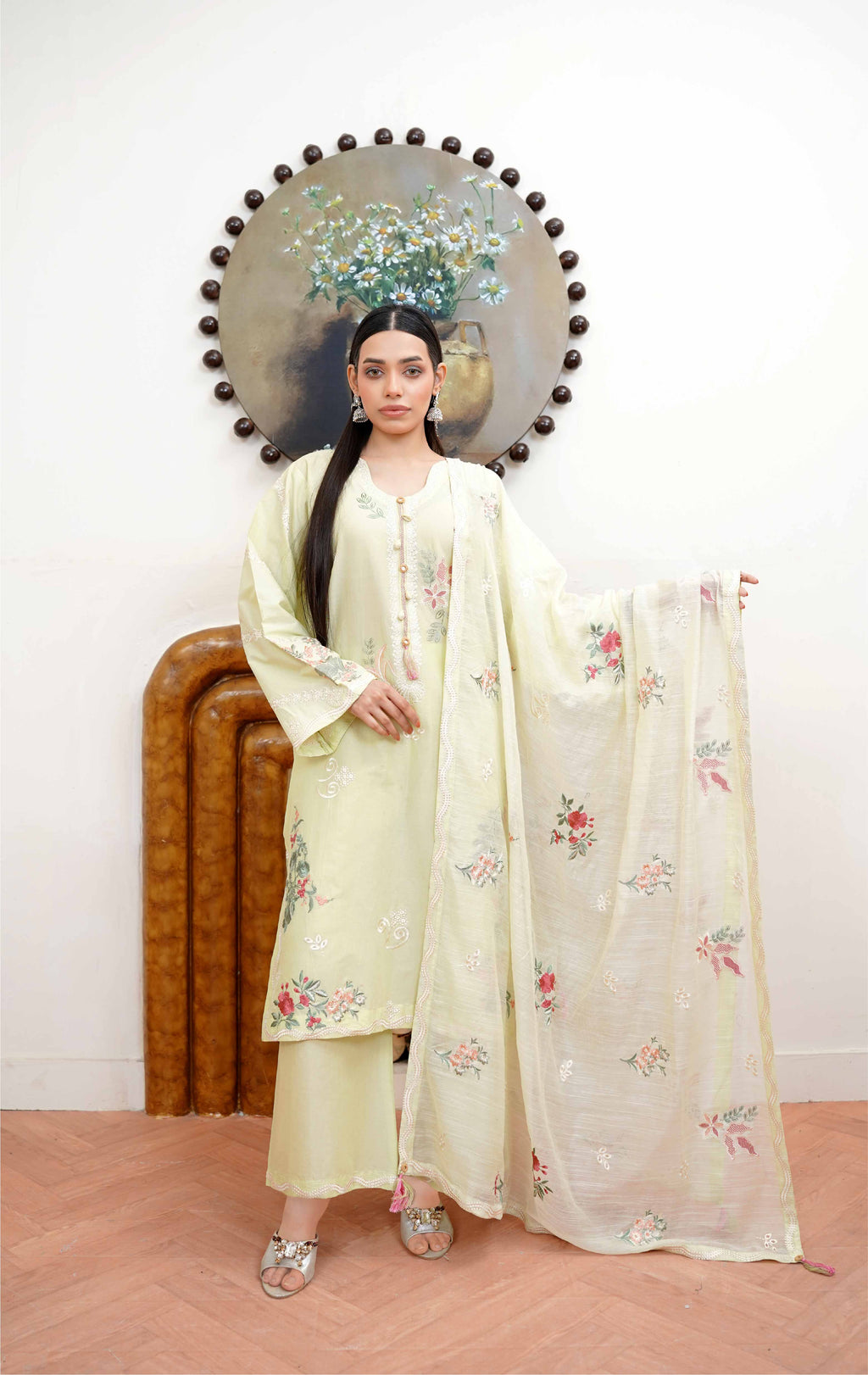 3 Pcs - Luxury Embroidered Lawn Spring Green