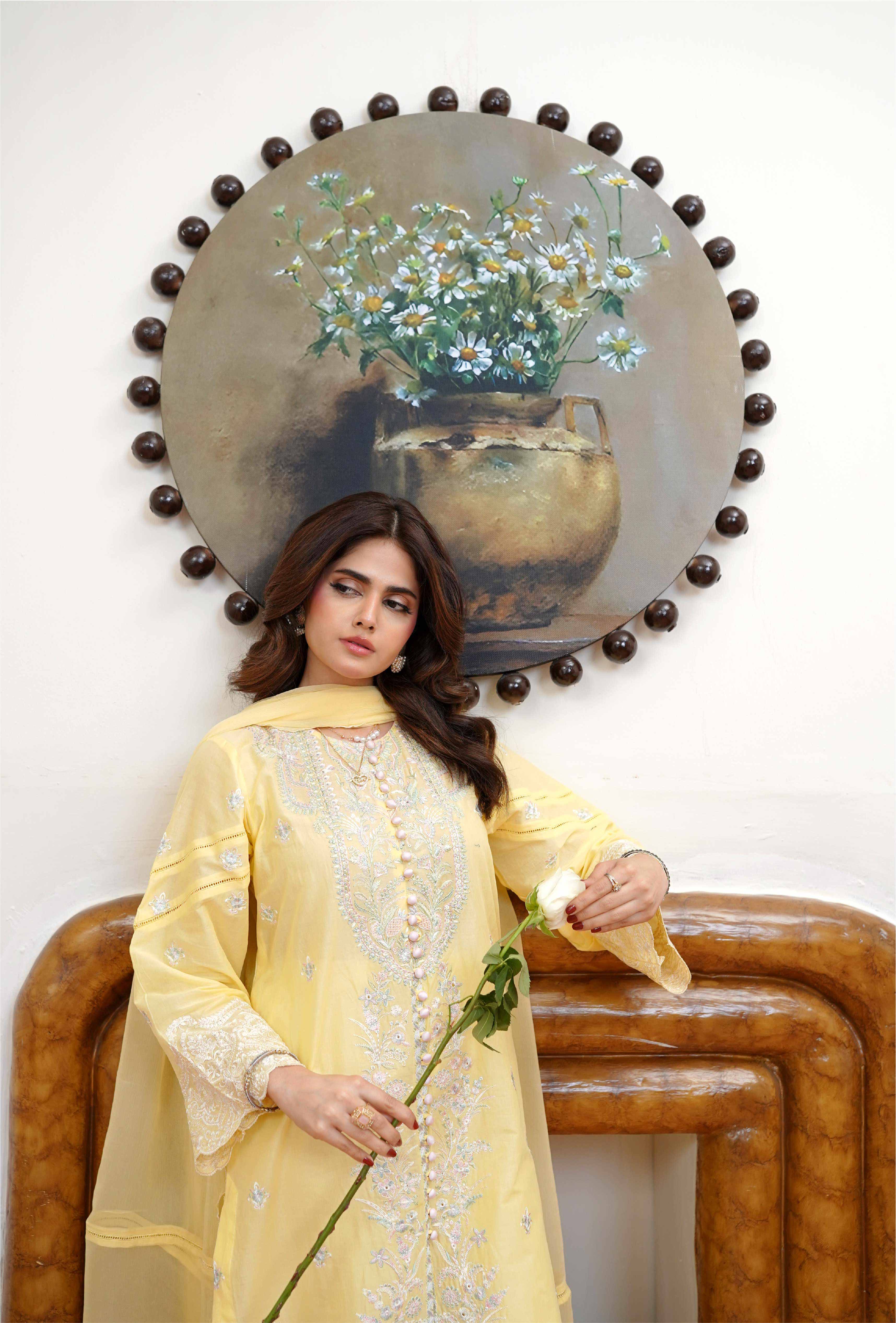 3 Pcs - Luxury Embroidered Lawn LIME