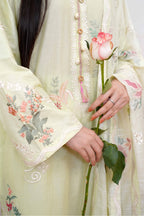 3 Pcs - Luxury Embroidered Lawn Spring Green