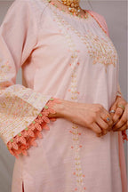 Close-up of a light pink traditional outfit with intricate embroidery and lace details.