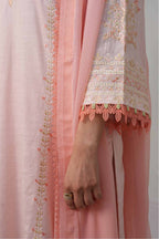 Close-up of a person wearing a light pink traditional outfit with intricate embroidery.